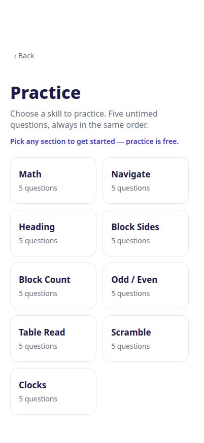 SuperSolve Practice screen listing the free practice sections a player can choose from.